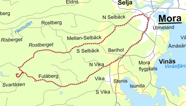 Fulåbergsrundan, Mora - Vika - Fulåberg - S Garberg - S Selbäck - Mora, 30 eller 40 km